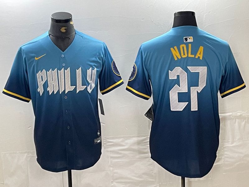 Men Philadelphia Phillies 27 Nola Blue City Edition Nike 2024 MLB Jersey style 3